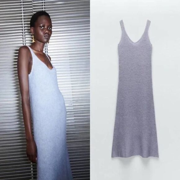 ZARA WOOL ALPACA BEADED STRAPPY DRESS LIGHT BLUE - Picture 1 of 5